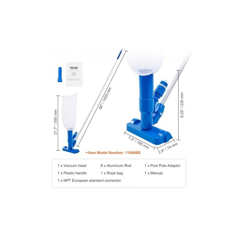 Käsikäyttöinen uima-altaan imuri alumiinivarsi 56 tuuman kolmella harjalla keräyspussilla