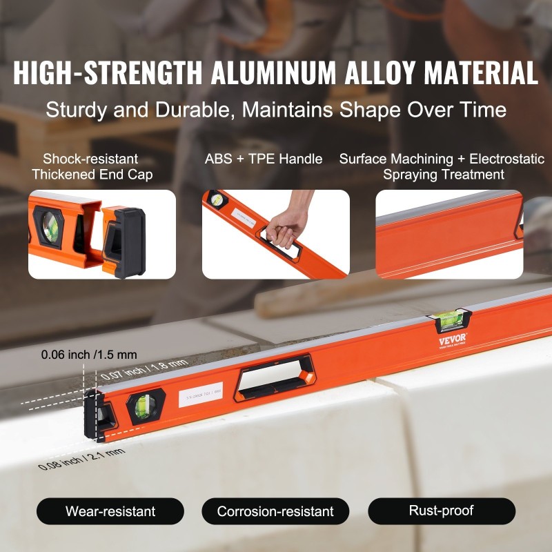 Kuplavesivaaka alumiinirunkoinen 1222 mm 3 kuplaa 0, 45 ja 90 astetta iskunkestävä