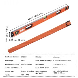 Kuplavesivaaka alumiinirunkoinen 1222 mm 3 kuplaa 0, 45 ja 90 astetta iskunkestävä