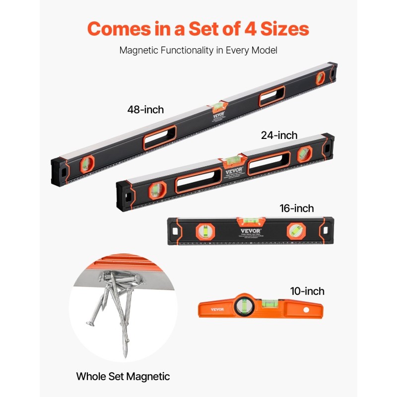 4-osainen magneettinen vatupassisarja alumiinirunko 10 16 24 48 tuumaa fluoresoivat kuplaputket