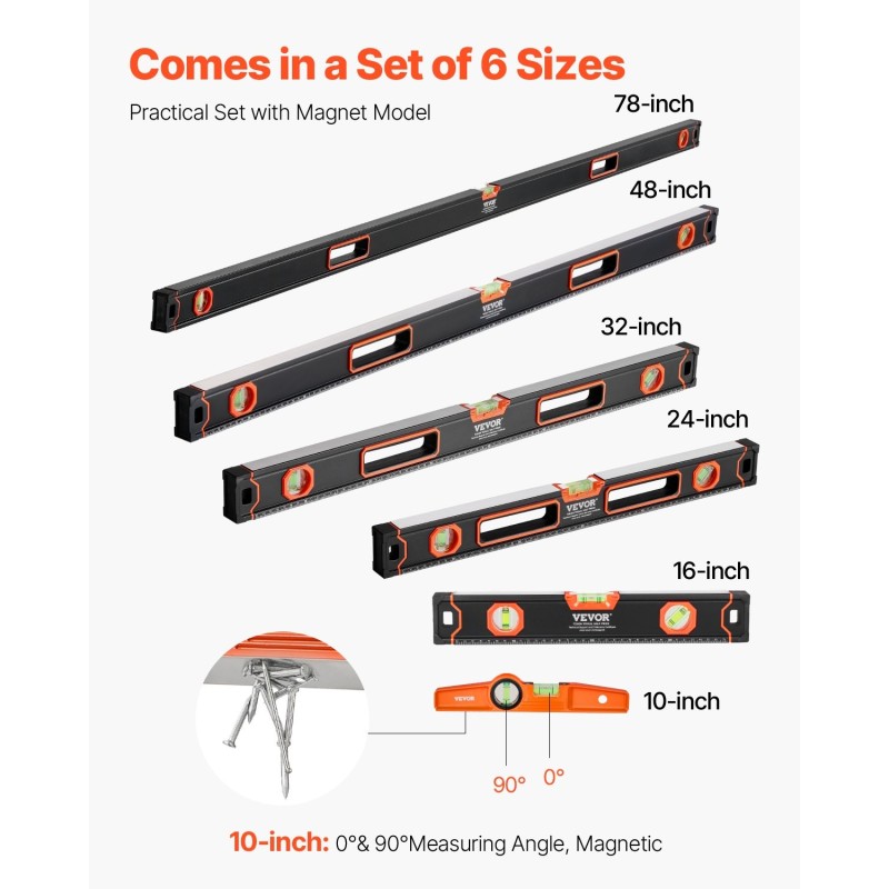 6-osainen alumiininen laatikkovatupassisarja pituudet 10–78 tuumaa magneetti 10 tuuman tasossa