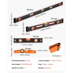 4-osainen alumiininen vatupassisarja 10/16/24/48 tuumaa fluoresoivilla kuplaputkilla