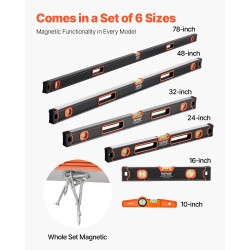 Alumiininen 6-osainen magneettivatupassisarja 10–78 tuumaa 45/90/180 asteen libellit SAE ja metrinen asteikko