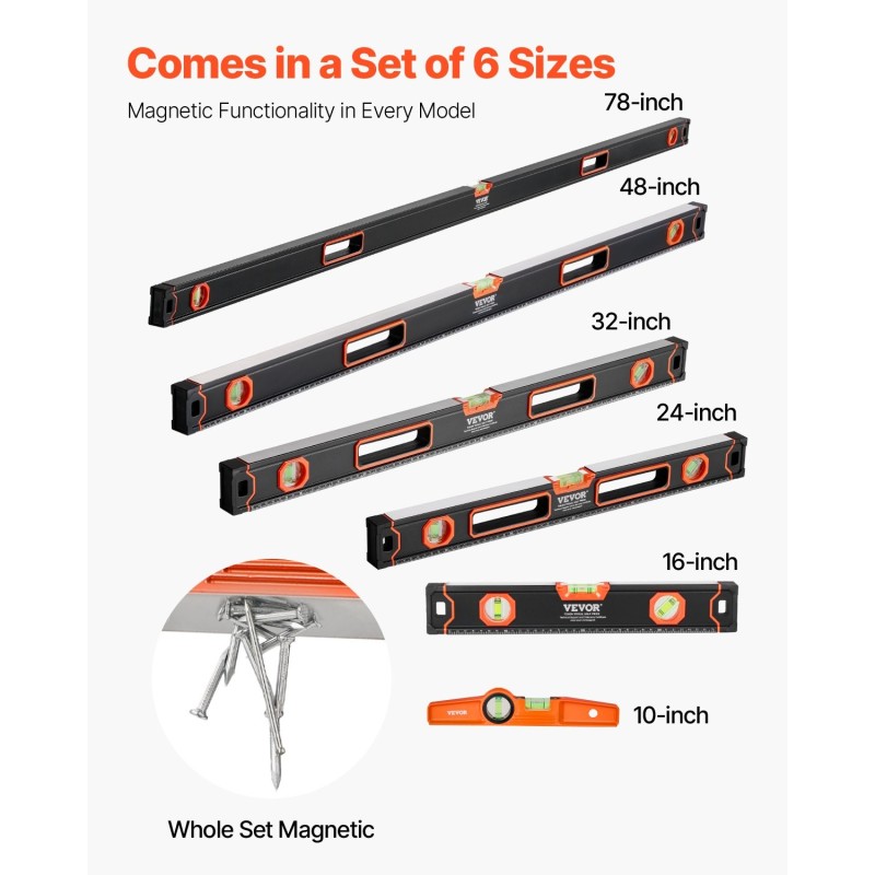 Alumiininen 6-osainen magneettivatupassisarja 10–78 tuumaa 45/90/180 asteen libellit SAE ja metrinen asteikko