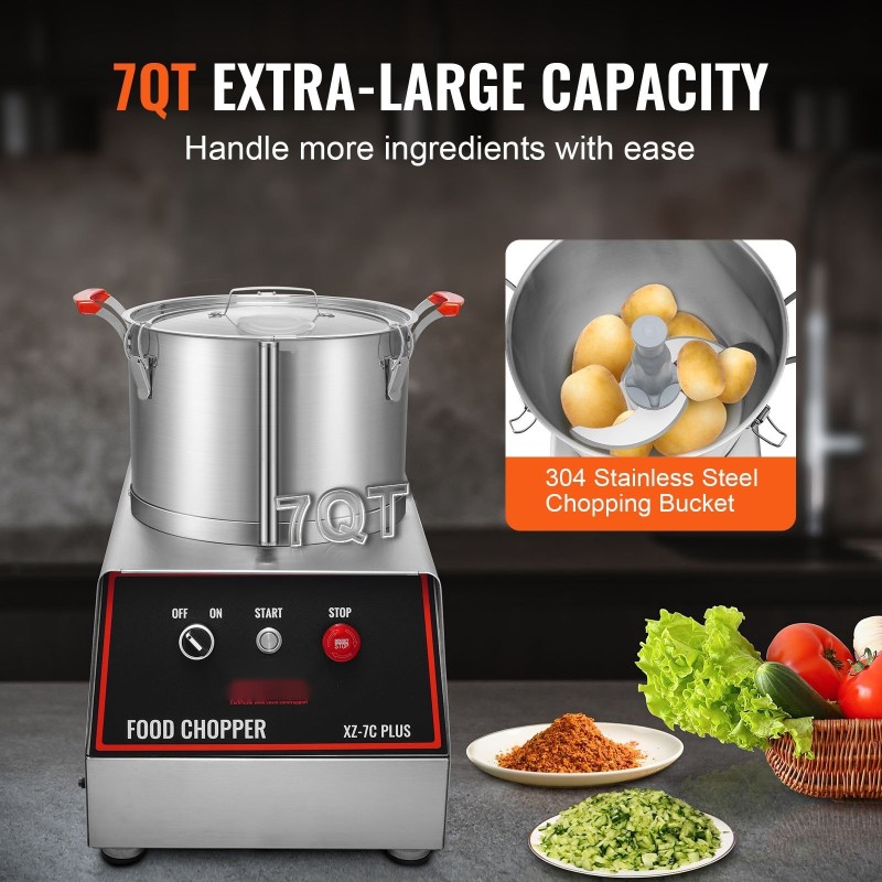 Monitoimikone vihanneksille ruostumatonta terästä 7QT-kulho 750W 2 S-muotoista terää