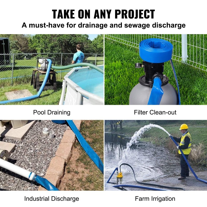 Huuhteluletku PVC-muovinen 2-tuumainen 15,24 m uima-altaan jäteveden poistoon ruostumattomilla kiristimillä