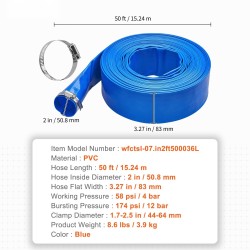 Huuhteluletku PVC-muovinen 2-tuumainen 15,24 m uima-altaan jäteveden poistoon ruostumattomilla kiristimillä