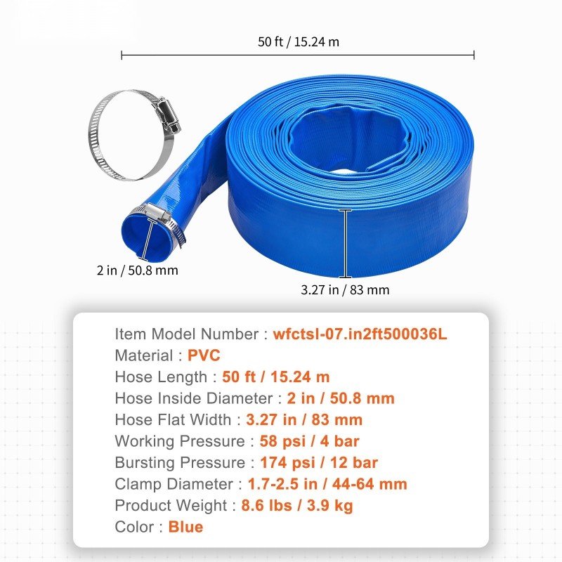 Huuhteluletku PVC-muovinen 2-tuumainen 15,24 m uima-altaan jäteveden poistoon ruostumattomilla kiristimillä