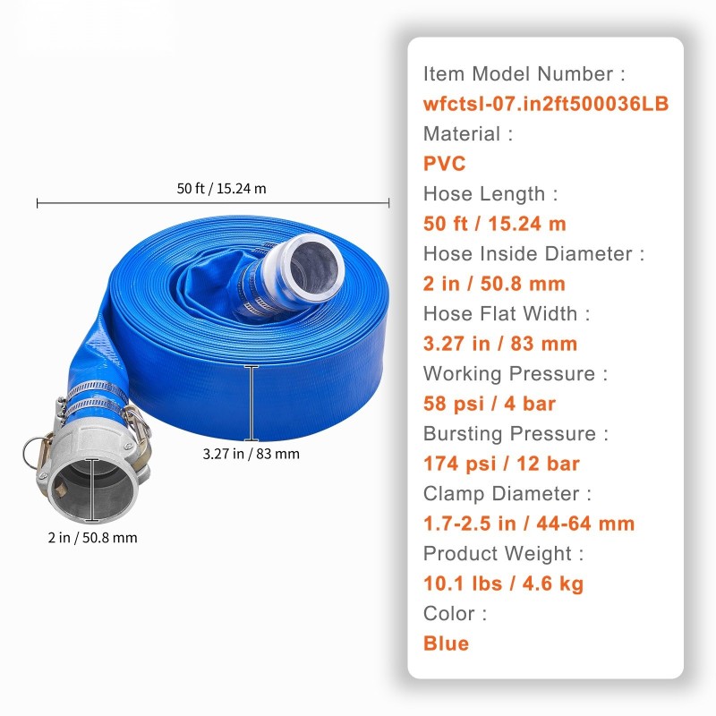Altaiden huuhteluletku PVC-muovi 2 tuuman 15,24 m yhteensopiva 1,5 tuuman putkille