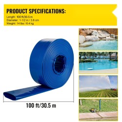 Litteä PVC tyhjennysletku sisähalkaisija 38 mm pituus 32 m 2 kiristintä sininen