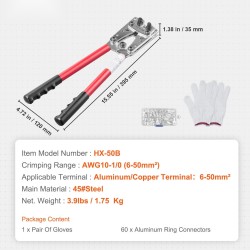 Kaapelikenkäpuristin karkaistu teräsrunko viputoiminen kahva 6–50 mm² puristusalue 60 kpl alumiinirenkaita