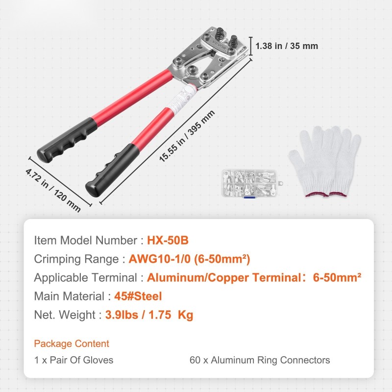 Kaapelikenkäpuristin karkaistu teräsrunko viputoiminen kahva 6–50 mm² puristusalue 60 kpl alumiinirenkaita