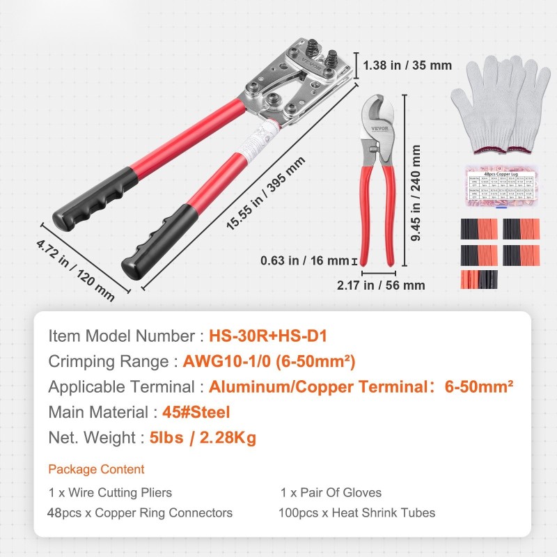 Puristuspihdisarja karkaistua terästä 6–50 mm² kaapeleille sisältää 48 kuparirengasta 100 kutistesukkaa