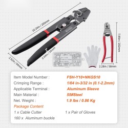 Puristustyökalu vaijerille 0,1–2,2 mm teflonpinnoitettu sisältää vaijerileikkurin ja 160 alumiiniholkkia