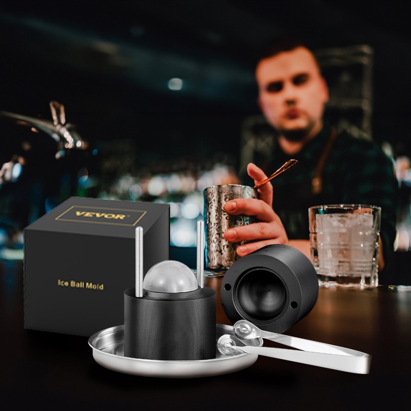 Jääpallopuristin ilmailualumiinia 60 mm palloille viskille ja cocktaileihin mukana pihdit ja tippalokero