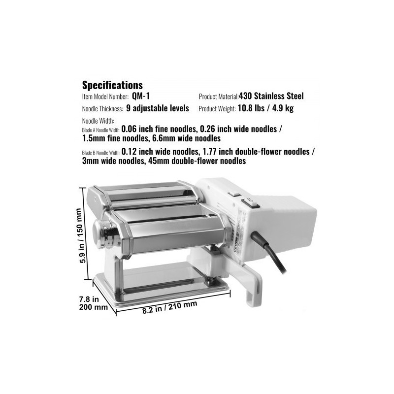 Sähköinen pastakone 430-ruostumatonta terästä 9 säädettävää paksuutta kahdella leveydellä