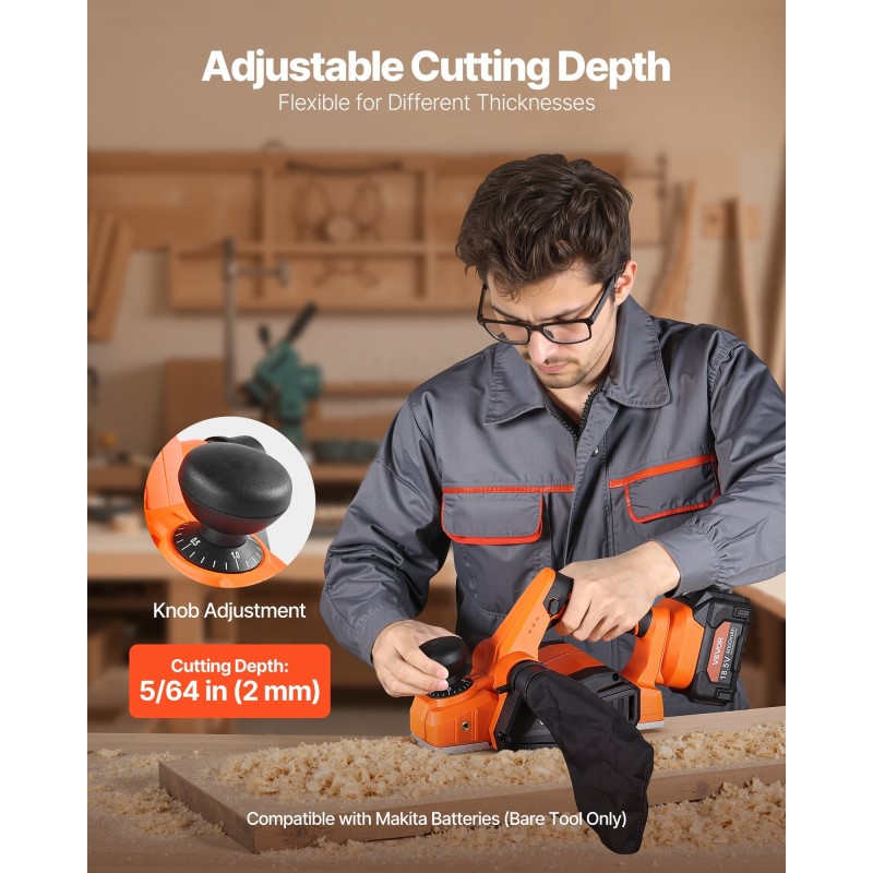 Johdoton käsihöylä 82 mm leikkausleveys säädettävä höyläyssyvyys 2 mm harjaton 18V-yhteensopiva