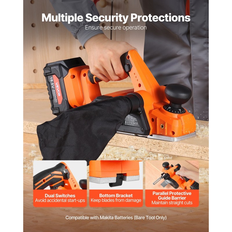 Johdoton käsihöylä 82 mm leikkausleveys säädettävä höyläyssyvyys 2 mm harjaton 18V-yhteensopiva