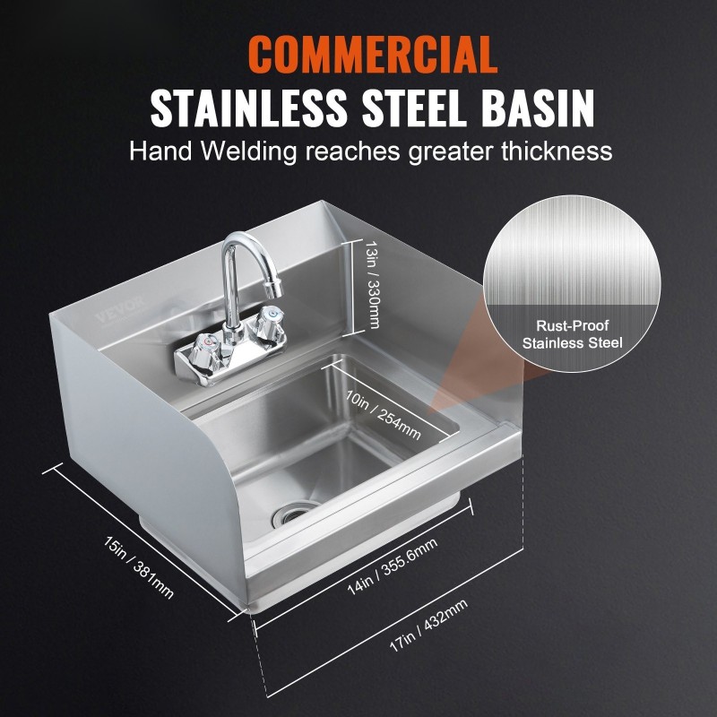 Ruostumaton teräs käsienpesuallas 17x12,8 tuumaa seinäkiinnitys kääntyvä hana roiskesuoja