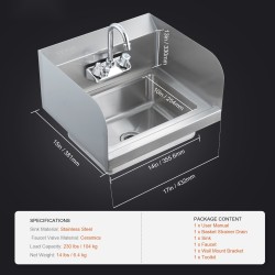 Ruostumaton teräs käsienpesuallas 17x12,8 tuumaa seinäkiinnitys kääntyvä hana roiskesuoja