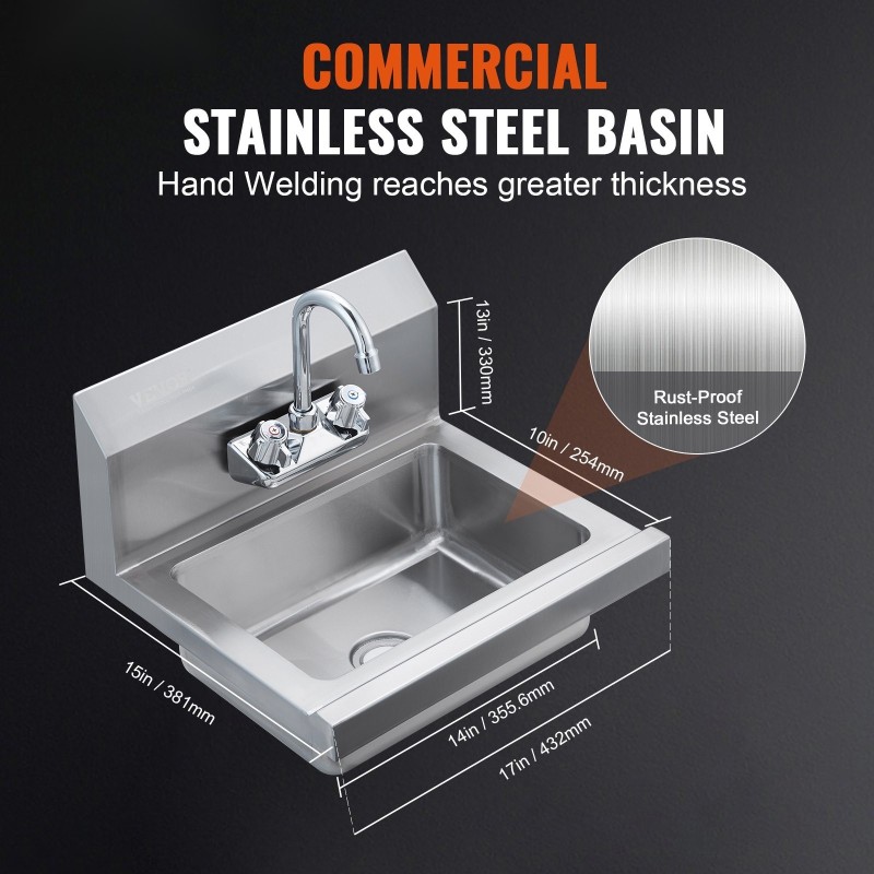 Käsienpesuallas ruostumatonta terästä seinäasennettava 432x381x330 mm kääntyvällä hanalla