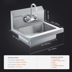 Käsienpesuallas ruostumatonta terästä seinäasennettava 432x381x330 mm kääntyvällä hanalla