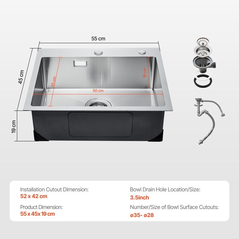 Keittiöallas päälle asennettava 55x45 cm 304-ruostumaton teräs yksialtainen 19 cm syvä