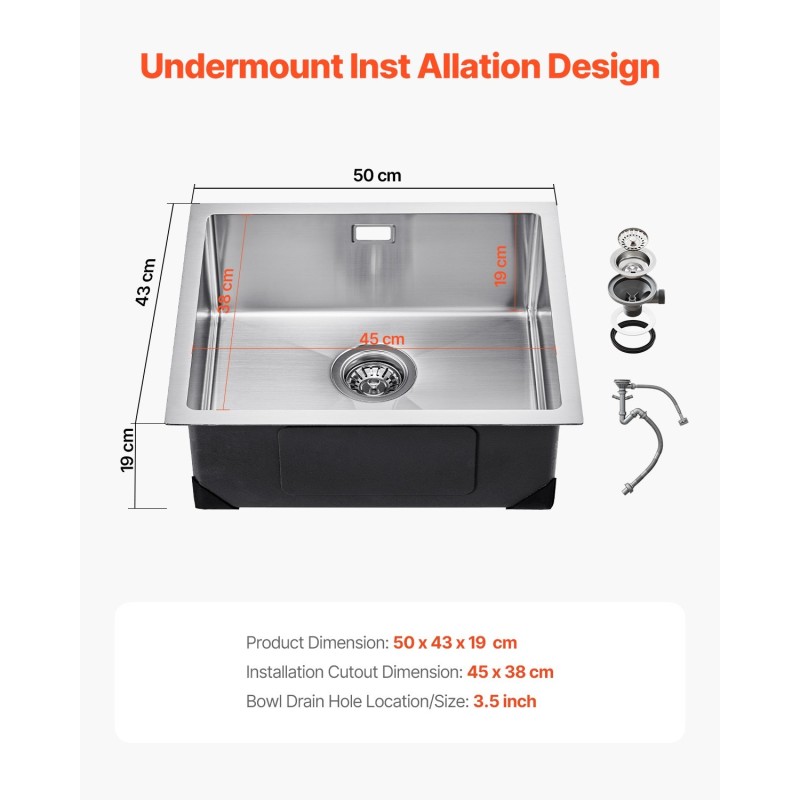 Keittiöallas 304 ruostumaton teräs 50x43 cm yksiallas syvyys 19 cm keittiöön