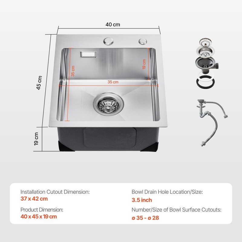 Tiskiallas 304-ruostumatonta terästä päälle asennettava yksialtainen 40x45 cm
