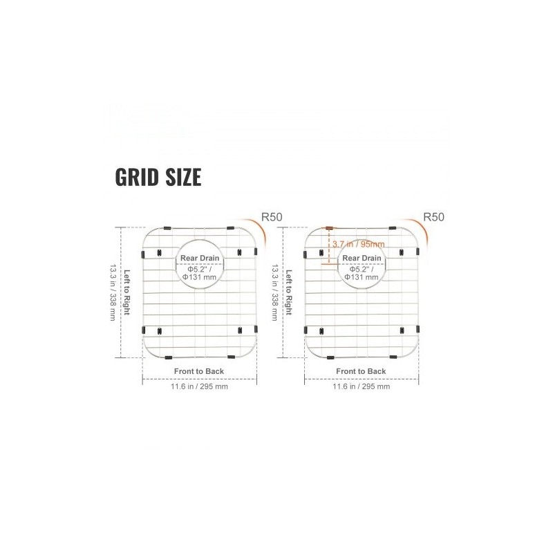 Allassuojaritilä 304-ruostumatonta terästä 338 x 295 mm R50-kulmasäde 2 kpl keittiöaltaaseen