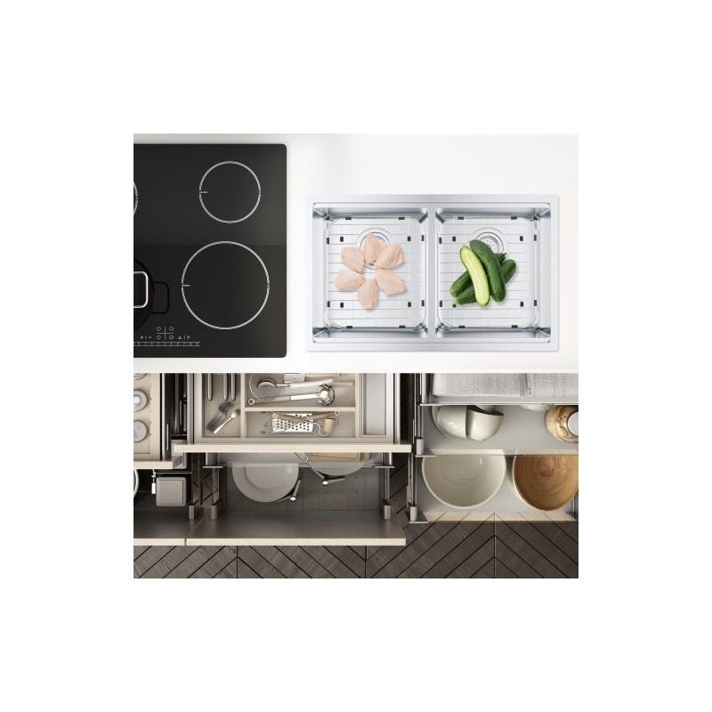 Allassuojaritilä 304-ruostumatonta terästä 338 x 295 mm R50-kulmasäde 2 kpl keittiöaltaaseen