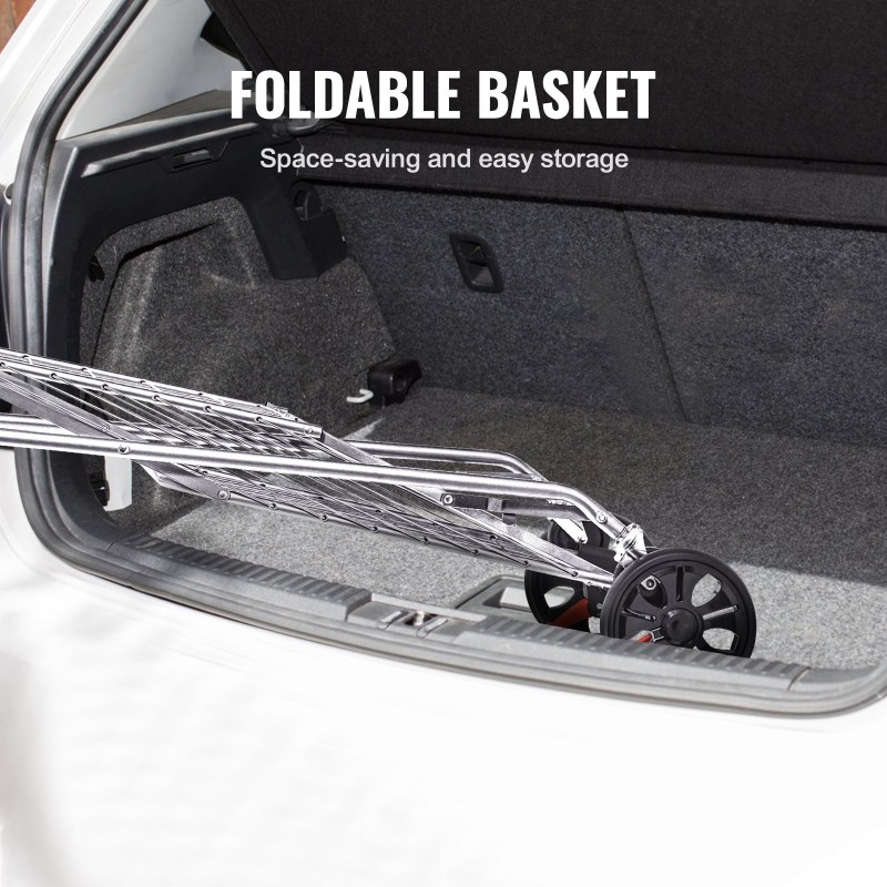 Kokoontaitettava rautaputkirunkoinen ostoskärry 49,9 kg kantavuus kääntyvillä etupyörillä