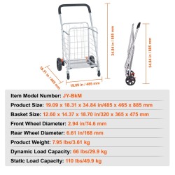 Kokoontaitettava rautaputkirunkoinen ostoskärry 49,9 kg kantavuus kääntyvillä etupyörillä