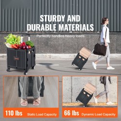 Taitettava käyttövaunu PP-kori 49,8 kg kantavuus 4 kääntyvää pyörää teleskooppikahva