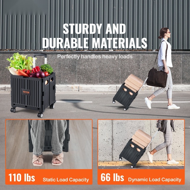 Taitettava käyttövaunu PP-kori 49,8 kg kantavuus 4 kääntyvää pyörää teleskooppikahva