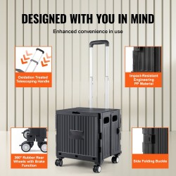 Taitettava käyttövaunu PP-kori 49,8 kg kantavuus 4 kääntyvää pyörää teleskooppikahva