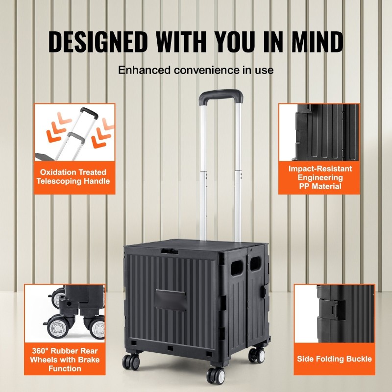 Taitettava käyttövaunu PP-kori 49,8 kg kantavuus 4 kääntyvää pyörää teleskooppikahva