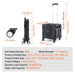 Taitettava käyttövaunu PP-kori 49,8 kg kantavuus 4 kääntyvää pyörää teleskooppikahva
