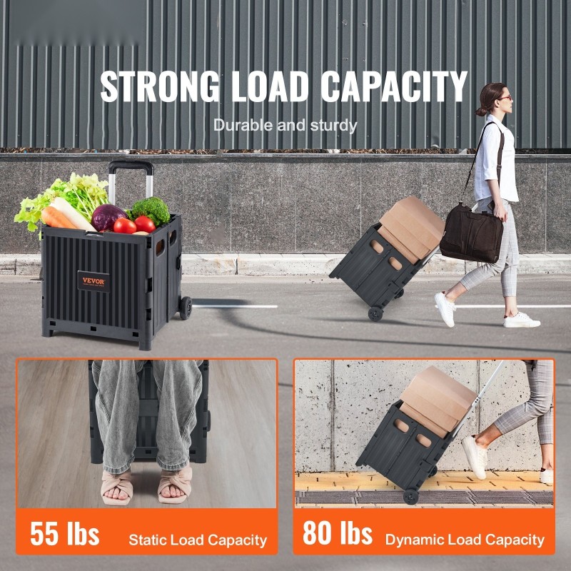 Taitettava käyttövaunu PP-muovinen 36 kg kantavuus teleskooppikahva kaksi pyörää