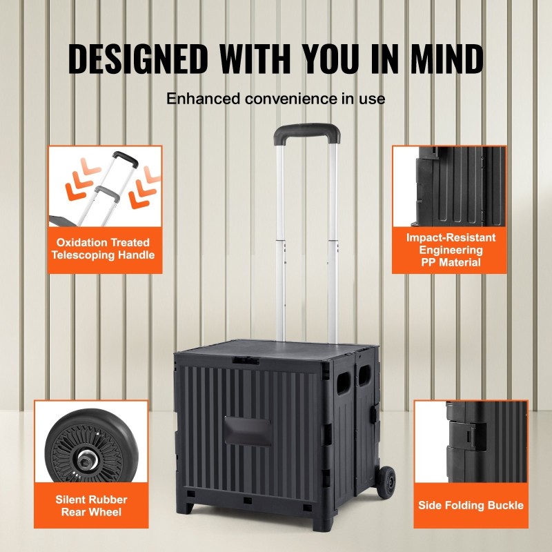 Taitettava käyttövaunu PP-muovinen 36 kg kantavuus teleskooppikahva kaksi pyörää
