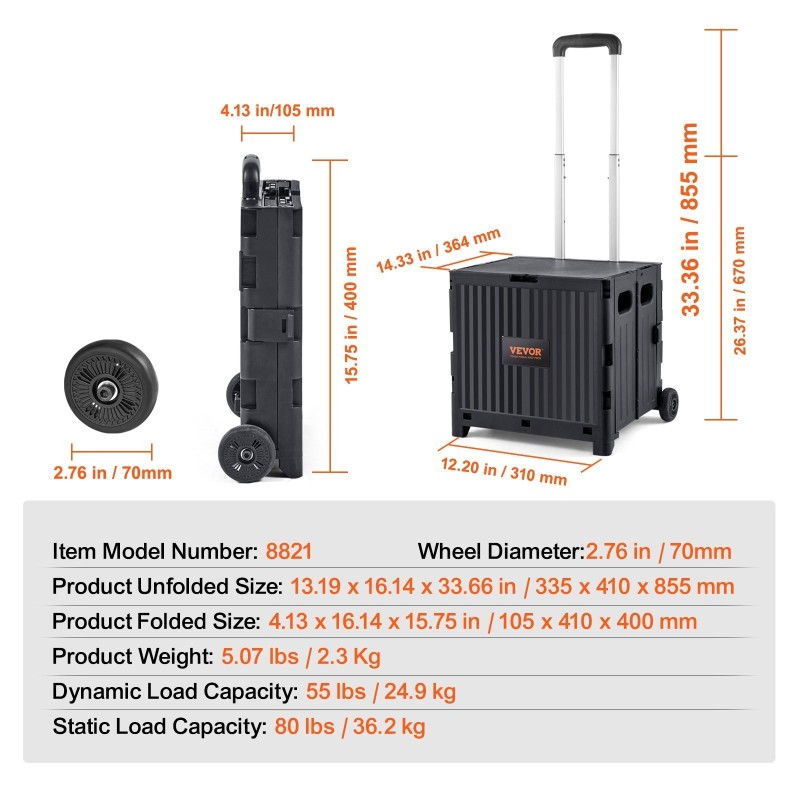 Taitettava käyttövaunu PP-muovinen 36 kg kantavuus teleskooppikahva kaksi pyörää