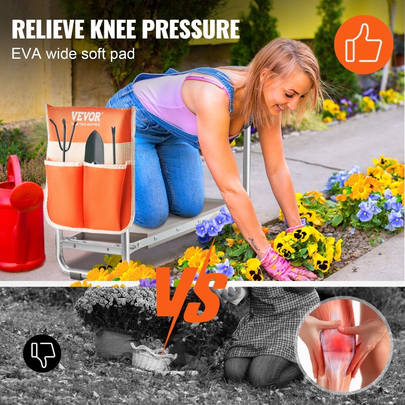 Puutarhapolvistumistuki ja istuin hiiliteräsrunko EVA-pehmuste taitettava työkalutaskulla