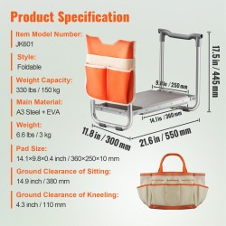 Puutarhapolvistumistuki ja istuin hiiliteräsrunko EVA-pehmuste taitettava työkalutaskulla