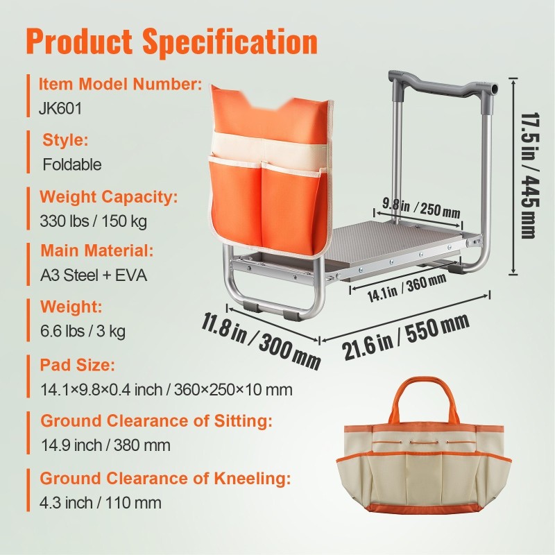 Puutarhapolvistumistuki ja istuin hiiliteräsrunko EVA-pehmuste taitettava työkalutaskulla