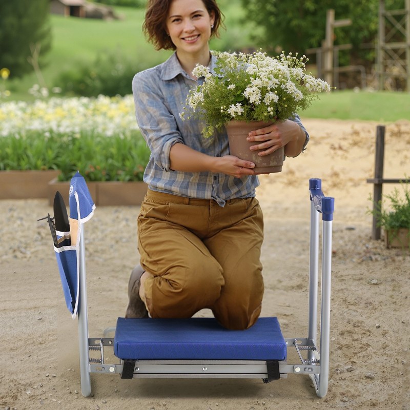 Puutarhapenkki ja polvialusta paksu polvityyny teräsrunko taitettava irrotettava työkalulaukku liukumaton