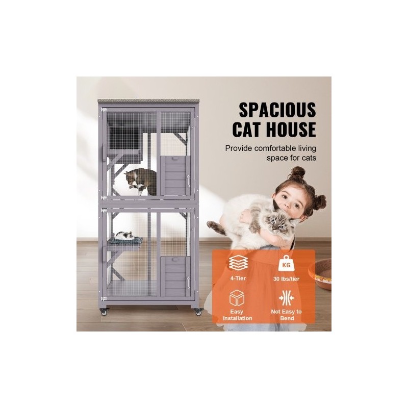 kolmitasoinen kissatarha kuusipuuta ja galvanoitua verkkoa ulkokäyttöön vedenpitävällä bitumikatolla pyörillä