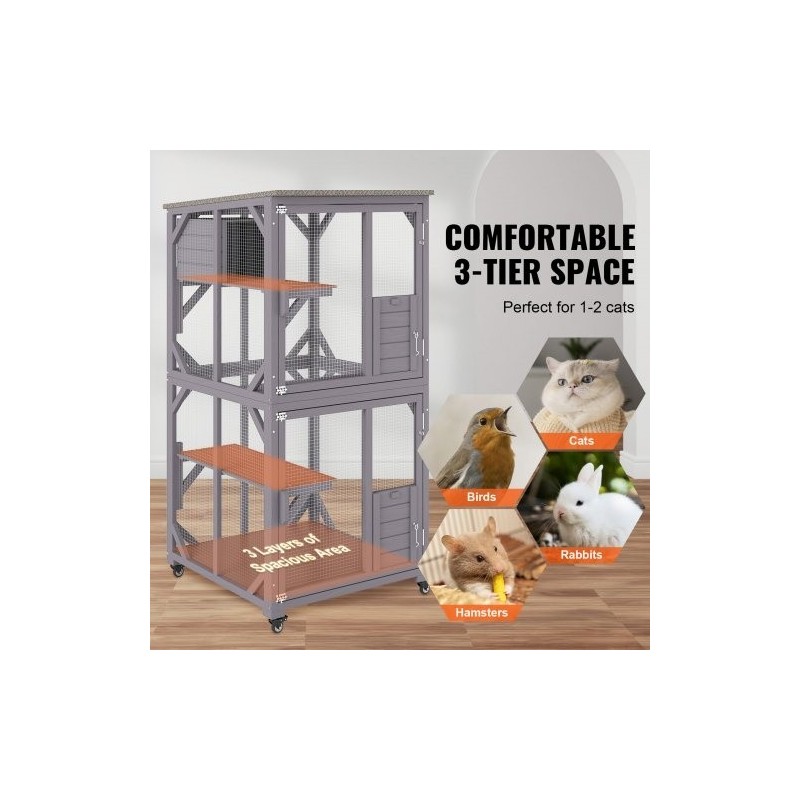 kolmitasoinen kissatarha kuusipuuta ja galvanoitua verkkoa ulkokäyttöön vedenpitävällä bitumikatolla pyörillä