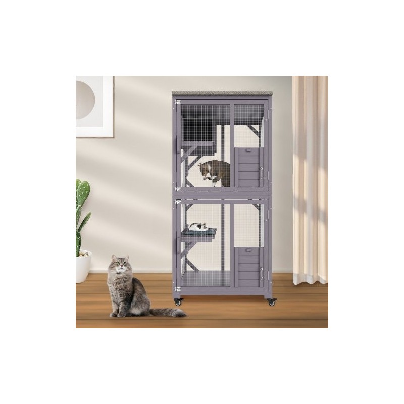 kolmitasoinen kissatarha kuusipuuta ja galvanoitua verkkoa ulkokäyttöön vedenpitävällä bitumikatolla pyörillä