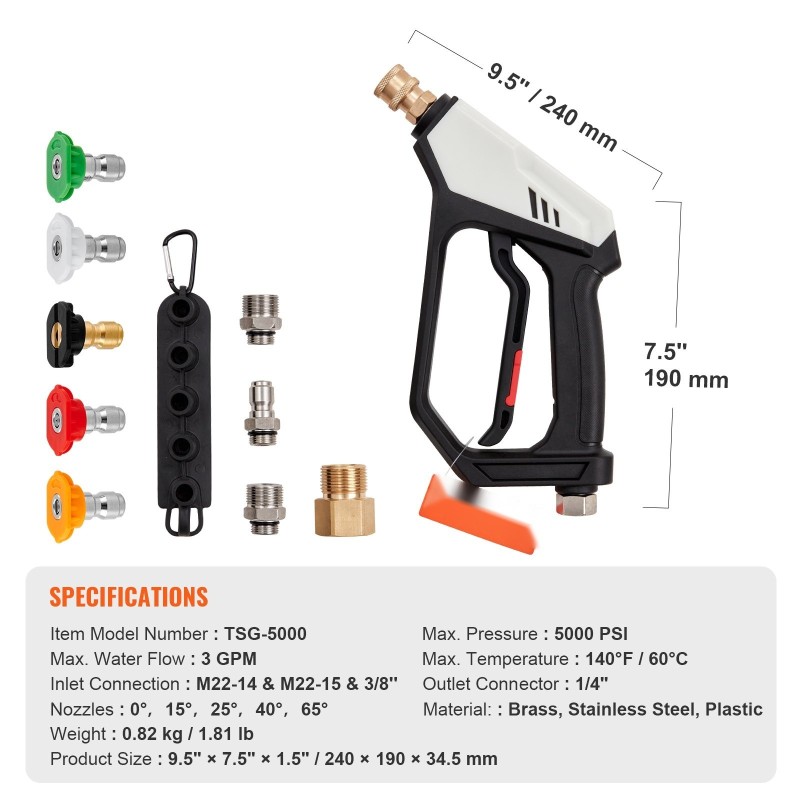 Painepesurin lyhyt pesukahva messinki ruostumaton teräs muovi maksimipaine 5000 viisi suutinta