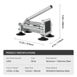 Manuaalinen perunaleikkuri alumiinista ja ruostumattomasta teräksestä imukuppijaloilla 1/2 ja 3/8 tuuman terillä